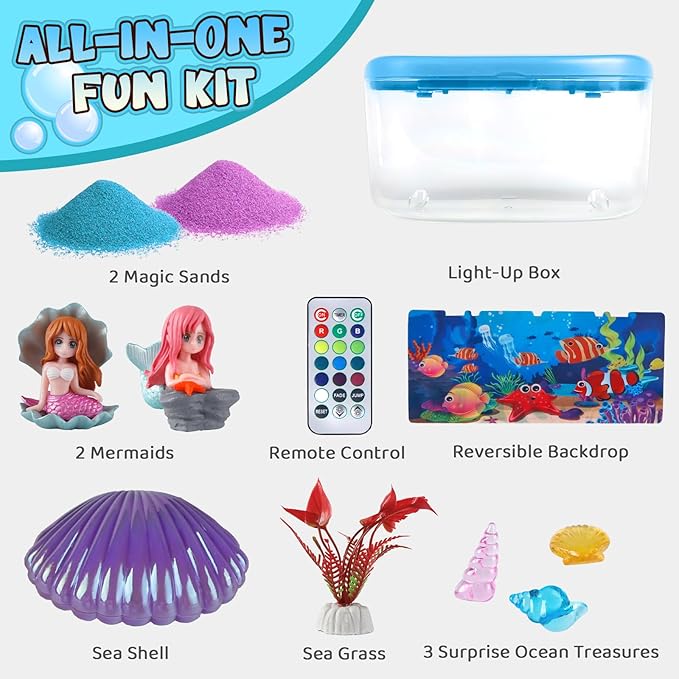 Mermaid Terrarium Kit Gifts for Kids - DIY Night Light Up with Remote - Sand Arts and Crafts for Girls Ages 4 5 6 7 8-12 + Year Old Fun Easter Mermaid Birthday Decorations Toys
