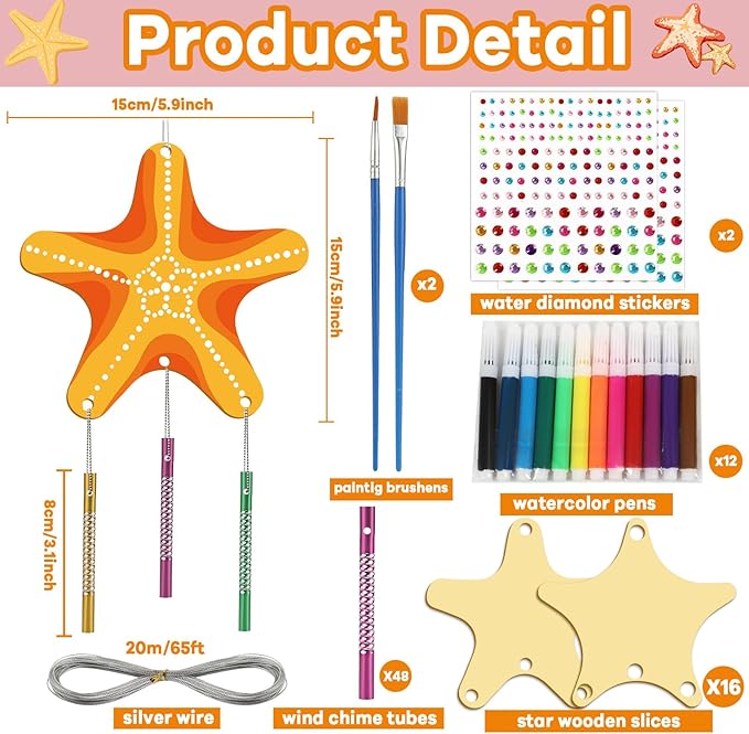 gisgfim 16 Pack Star Wind Chime Kits Star Crafts for Kids Make Your Own Star Wind Chime Wooden DIY Arts and Crafts for Summer Party School Classroom Decorations Supplies Birthday Favors