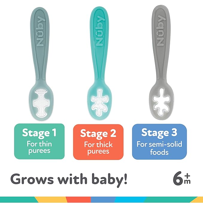 Nuby 3-Stage Baby's First Spoons Set - 3 Pack - 6+ Months - Baby Spoons with Easy Grip Handle - Serene