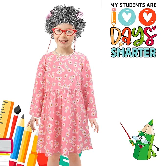 Old Lady Costume Kit Include Wig Floral Skirt Bucket Bag Glasses&Chain Cane for Halloween Granny Cosplay