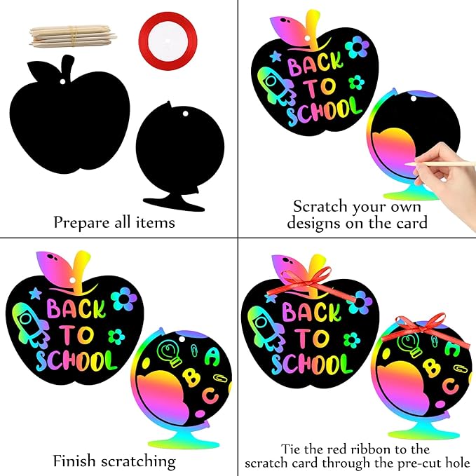 WATINC 60pcs Back to School Scratch Art for Kids, Paper Scratch Off Cards Craft Kit, Pencil Bus Bag Magic Color Bookmarks Party Favors, School Classroom Appreciation Activity DIY Project
