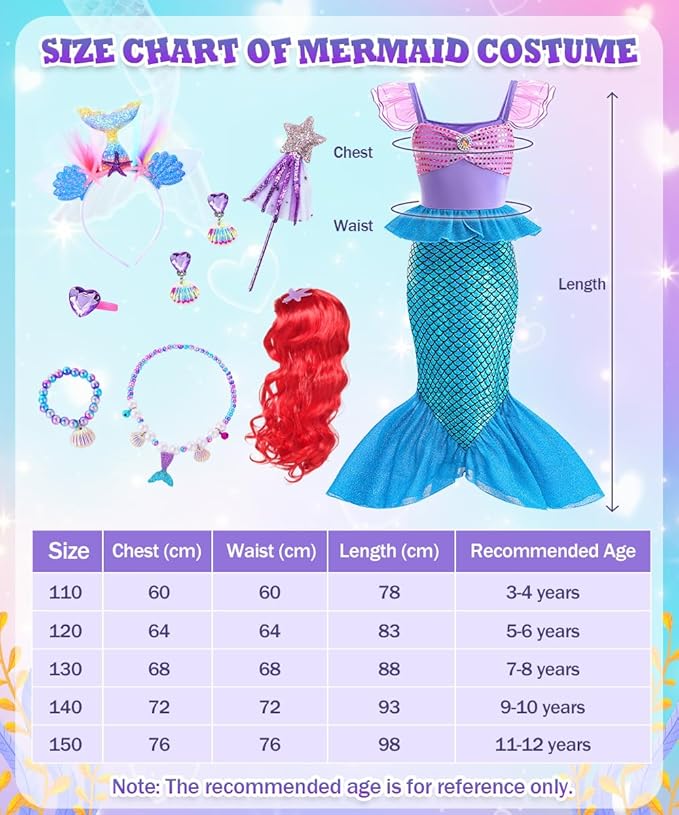 Mermaid Costume Dress, Mermaid Princess Dress for Girls with Wig Headband Necklace for Birthday Party Cosplay