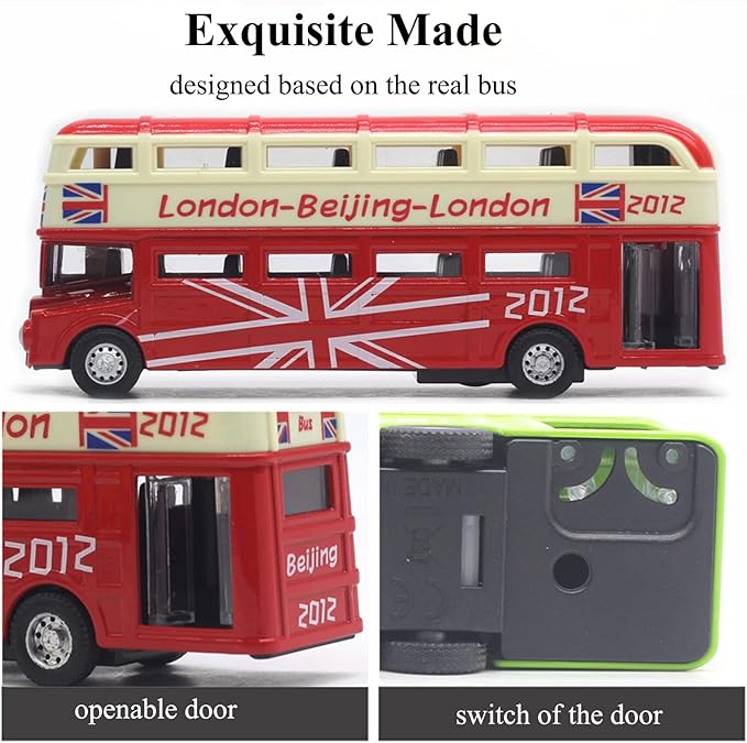 OTONOPI Bus Toys Pull Back School Bus Double Decker London Vehicles City Sightseeing Tour Bus Die Cast Metal Toy Cars Friction Powered Play Vehicle Toy Set for Kids 4 Pack