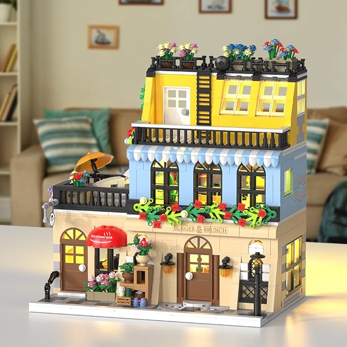 City Hotel Building Block Set with LED, Construction House Building Toy Gift for Adult Teen Age 14,Mini Bricks 1464pcs (Not Compatible with Lego)