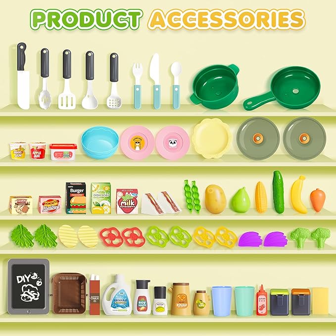 Kids Play Kitchen Set, Toddler Kitchen Playset with Sound & Light, Cooking Stove with Steam, Play Sink, Play Food Toy and Kitchen Accessories, Pretend Kitchen Toy for Kids Girls Boys 1-3