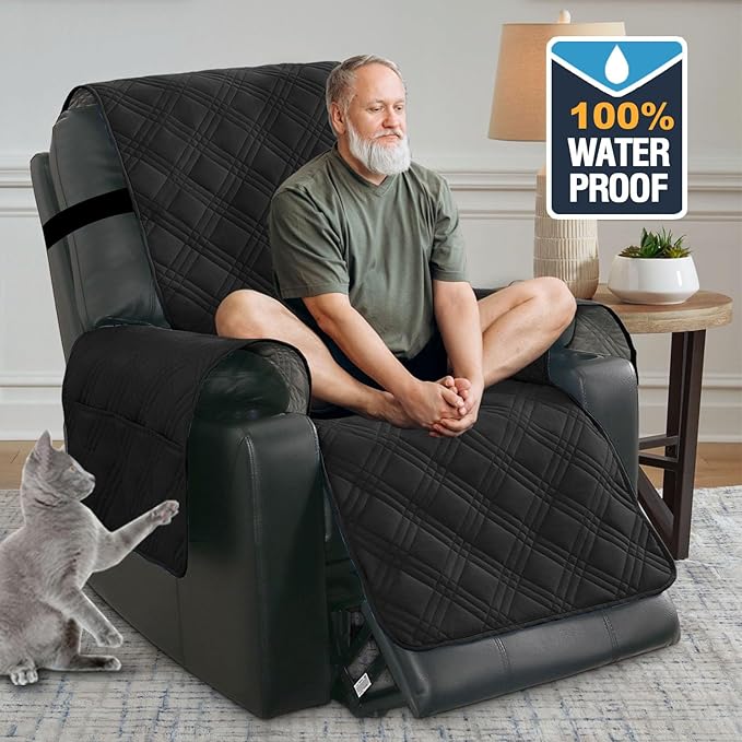 H.VERSAILTEX 100% Waterproof Recliner Chair Covers Dog Chair Cover Non Slip Covers for Recliner Chair with Pocket Electric Power Lift Recliner Slipcovers for Pets and Kids,Black/Beige