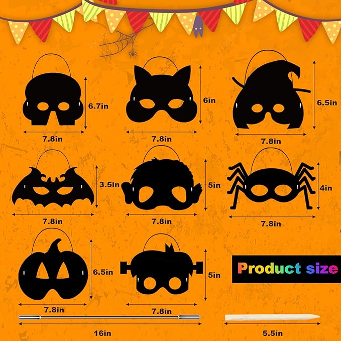 Natonhi 32Pcs Halloween Crafts for Kids Rainbow Scratch Mask, Halloween Games Scratch Art and Craft Kit Halloween Classroom Activities Favors Party Supplies