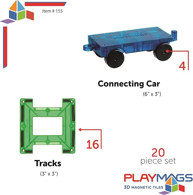 Playmags Magnetic Tiles Train Set, 20 Piece Accessory Set Includes 4 Trains, Stronger Magnets, Building Blocks Add-On, STEM Toys for Kids.