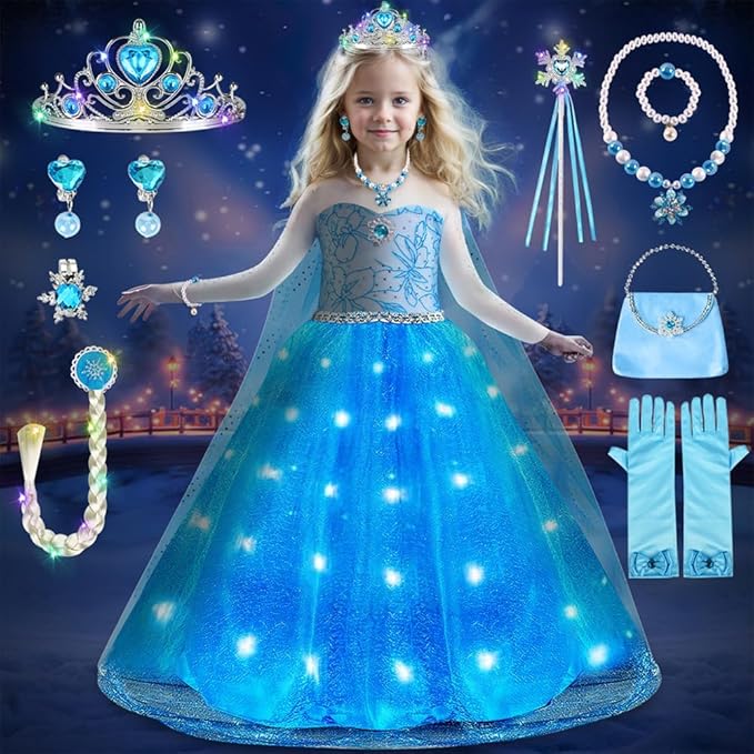 TOLOYE Princess Dresses for Girls, Light Up Elsa Anna Frozen Dress Up with Accessories for Birthday Halloween Carnival