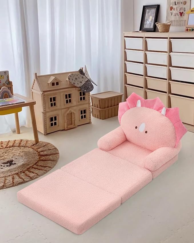 MOONBEEKI Comfy Toddler Chair, Kids Couch Fold Out to Lounger, Foldable Baby Sofa Plush for Girl and Boy Age 18 Months and Up （Pink Triceratops）
