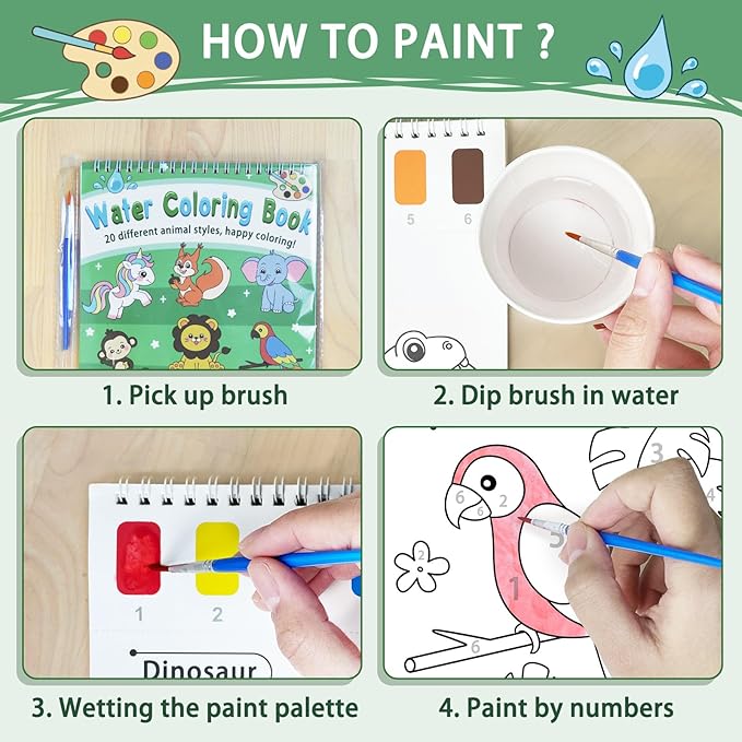 SOCOLER Paint with Water Coloring Books for Toddlers, Animal Theme Mess Free Watercolor Painting Papers for Kids Travel Coloring Kit with 2 Brushes Art Craft Birthday Gift
