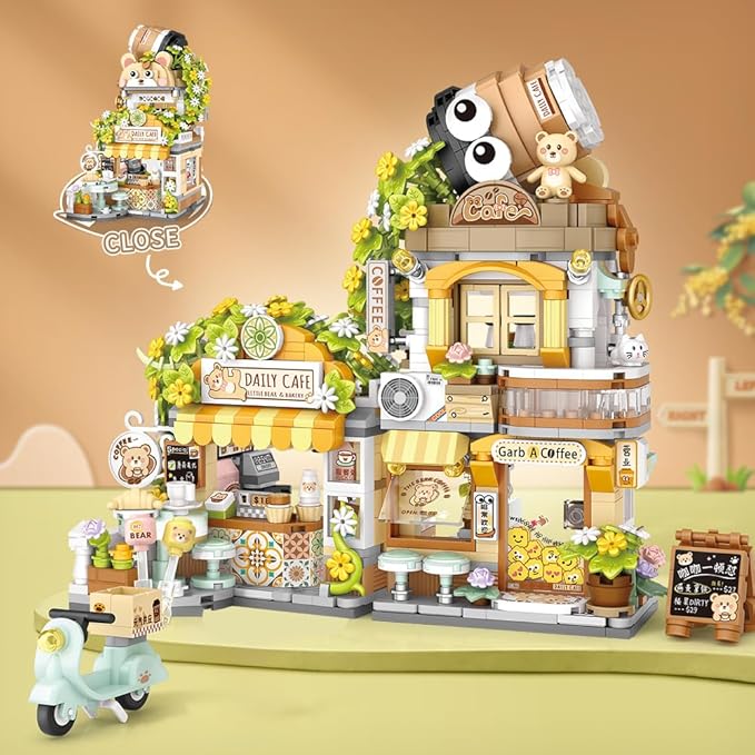 City Cafe Building Blocks Toys, Openable Coffee Shop Building Set for Boys Girls Age 8+,1077pcs Mini Bricks(Not Compatible with Lego) (Green)