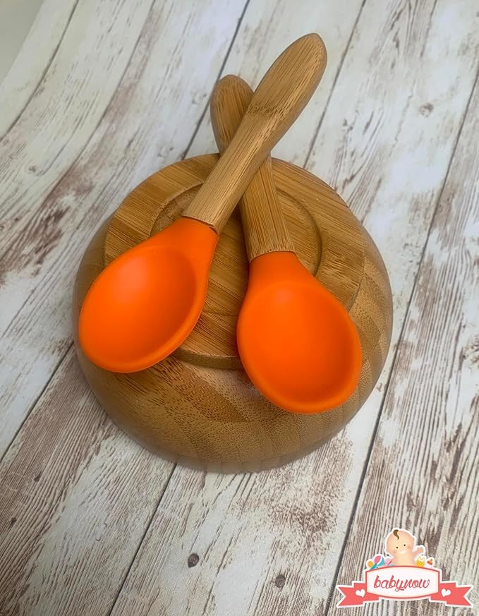 Babynow Bamboo Baby Spoons Self-Feeding Supplies for 6+ Months Babies & Toddlers in Bamboo & Soft Tip Designs ORANGE Pack of 2