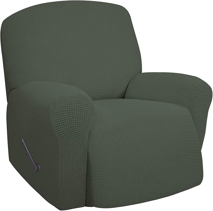 Easy-Going Recliner Stretch Sofa Slipcover Sofa Cover 1 Piece Furniture Protector Couch Soft with Elastic Bottom Kids,Polyester Spandex Jacquard Fabric Small Checks(Oversize Recliner,Olive Green)