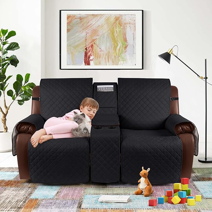 KinCam 100% Waterproof Recliner Loveseat Cover with Console, Non-Slip Reclining Couch Covers for 2 Seat, Recliner Sofa Cover Furniture Protector with Elastic Straps for Kids, Pets, Black