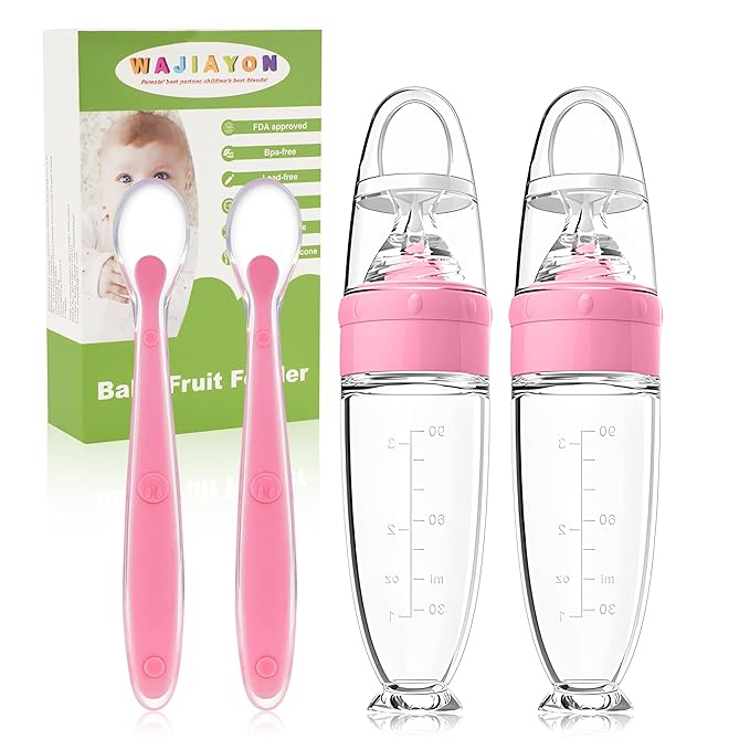 WAJIAYON Baby Food Feeder 4 Pack Silicone Baby Food Dispensing Spoon-3 oz Squeeze Feeding Spoons with Suction Cup for Boys Girl Kids Toddlers - Self Feeding Bottle Spoon-Peach Pink