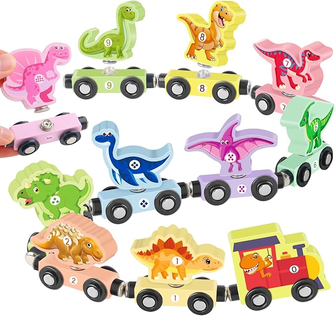 Wooden Train Set for Toddlers 3-5 Boys Girls Kid Birthday Gift 11PCS Magnetic Dinosaur Number Train Toy Educational Game 4-8 Year Old Children Holiday