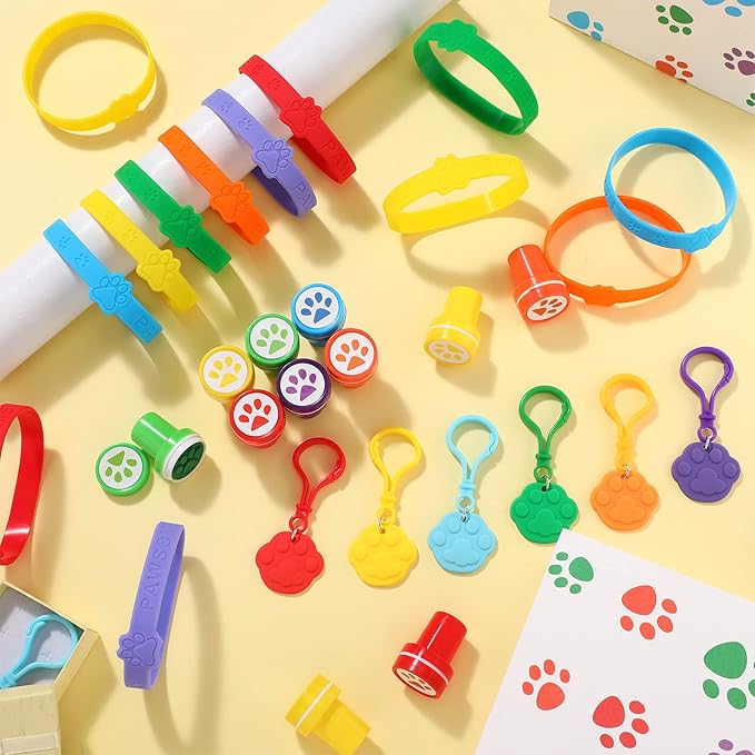 Skylety 72 Pcs Paw Print Party Favor Set, Rubber Bracelets Stamps Paw Print Acrylic Lobster Keychain Paw Dog Birthday Party Favors Supplies, Gift Bag Stuffer for Kids