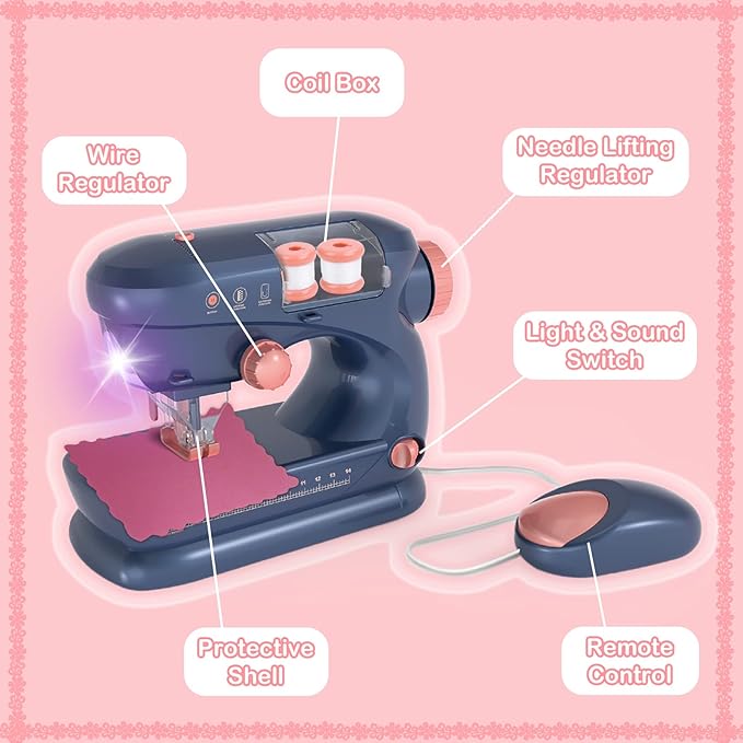 deAO Sewing Machine for Beginners,Sewing Machine Toy with Lights and Music,Control and Accessories Included,Sewing Kit for Kids from 8 Years Old