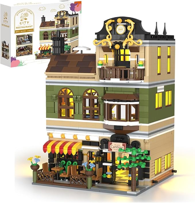 City Restaurant Building Blocks Set with LED, 1230Pcs Mini Brick Architecture Toy for Adults and Teen 14+ (Not Compatible with Lego)