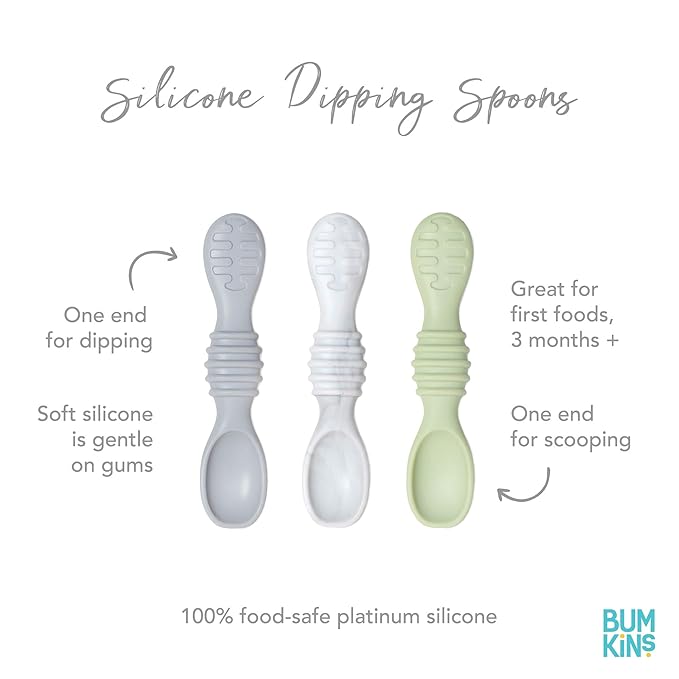 Bumkins Baby Utensil Set, Silicone Trainer Spoons for Dipping, Soft Tip, Self-Feeding, Chew, Baby Led Weaning, First Year Training Supplies, Essentials in Learning Eating, 4 Mos, 3-pk Gray and Green