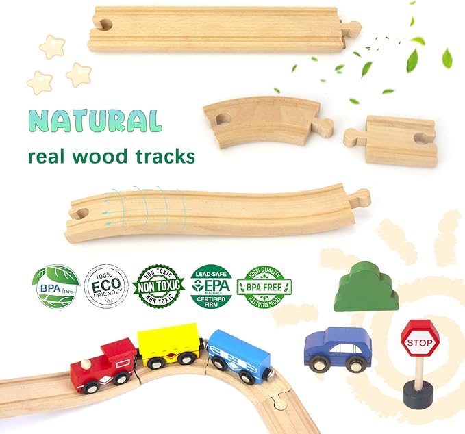60Pcs Train Set for 3 Year Old Boys, Double-Side Wooden Train Set Tracks for Toddlers, Fits Brio, Thomas, Melissa and Doug, Kids Wood Train Toys for 3 4 5 Year Old Boys and Girls (Yellow)