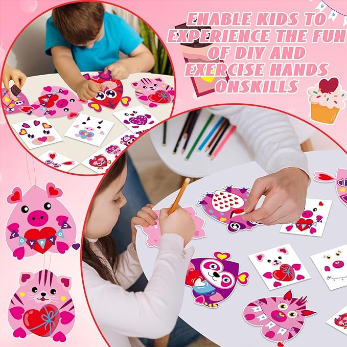 Qyeahkj 36 Sets Valentine's Day Animal Crafts for Kids DIY Valentines Craft Paper Kits Make Your Own Heart Owl Tiger Rabbit Bee Frog Bear Set for Valentine Spring Party Activity Game Toys