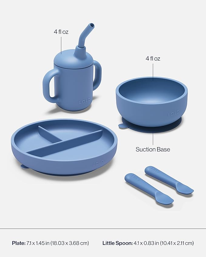 Lalo First Bites Silicone Baby Feeding Set - Baby Led Weaning Supplies - Non-Toxic Silicone - Includes 2 Bibs, 2 Spoons, Training Cup, Suction Plate and Bowl - 6 Pieces - Blueberry