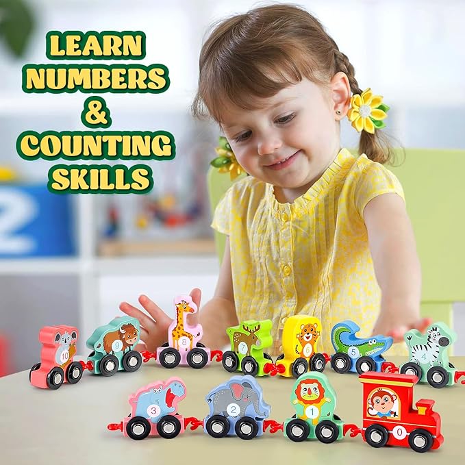 Toddler Toys for 2-3 Year Old Boy, Wooden Animal Train Set, Montessori Toys for 2 3 Year Old Boy Christmas Birthday Gifts, Learning Toys for Toddlers 2-4 Years Girl Toys Age 2 3