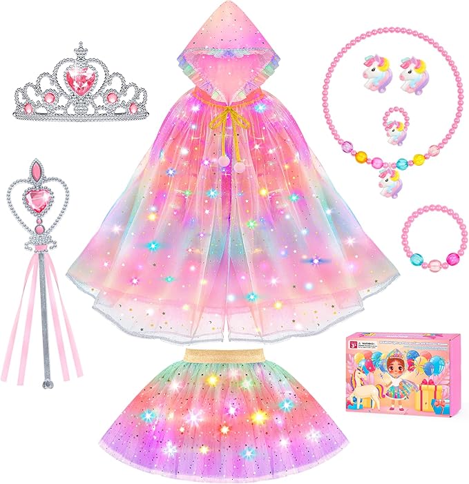 Princess Dress Up for Girls, Light up Princess Cape Princess Dress Costume Crown Wand Gifts for Toddler Girls 3 4 5 6