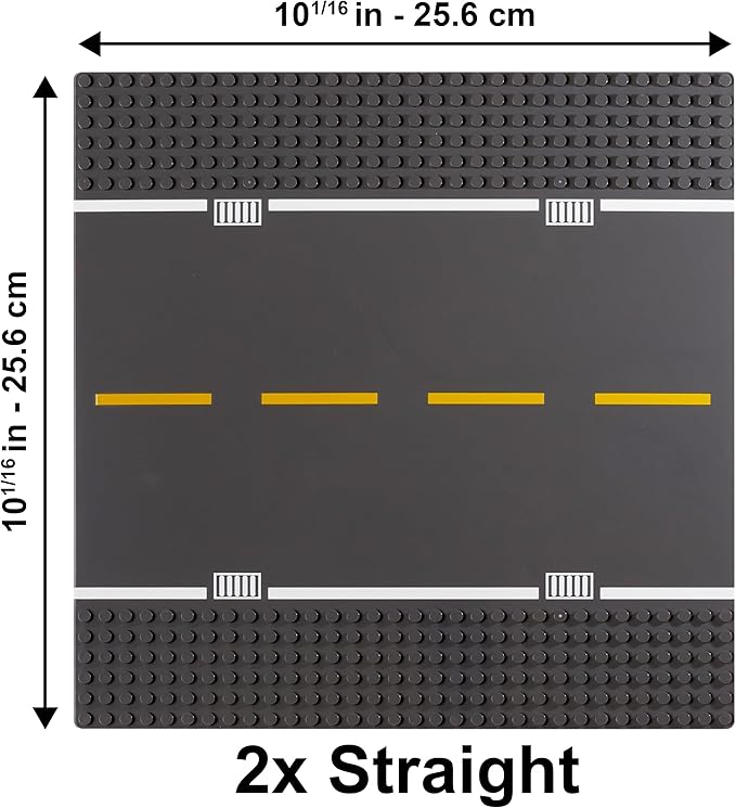 Apostrophe Games Road Baseplate – Premium Building Blocks Base Plates Compatible with All Major Brands – 6pcs Baseplate Gray with Road Design – Straight, Curve, Crossroad, T-Junction