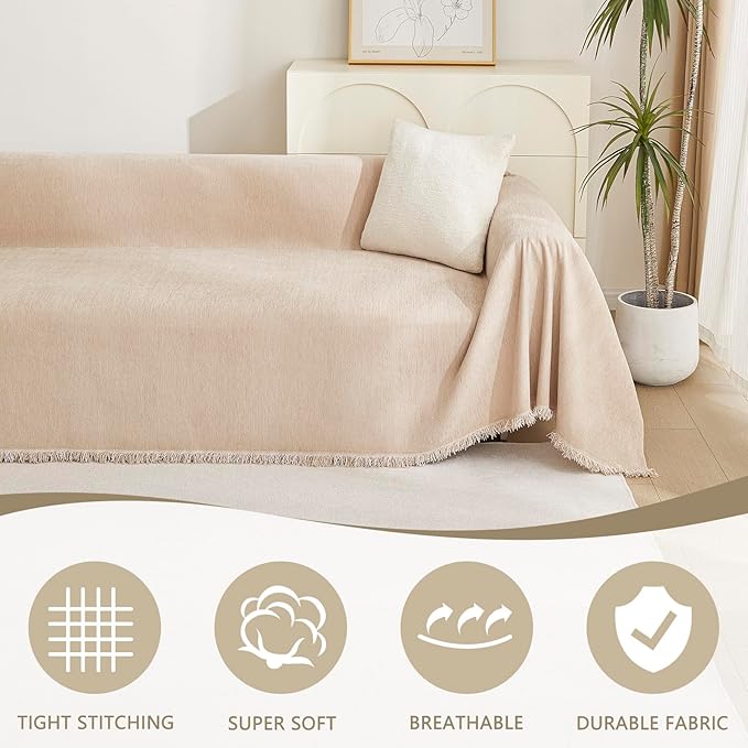 MYSKY HOME Couch Cover 3 Cushion Sofa with Tassel Chenille Sofa Covers Couch Covers for 3 Cushion Couch Sofa Slipcovers for Sectional l Shaped Couch Dogs Protector Furniture Covers, 71" X150", Khaki
