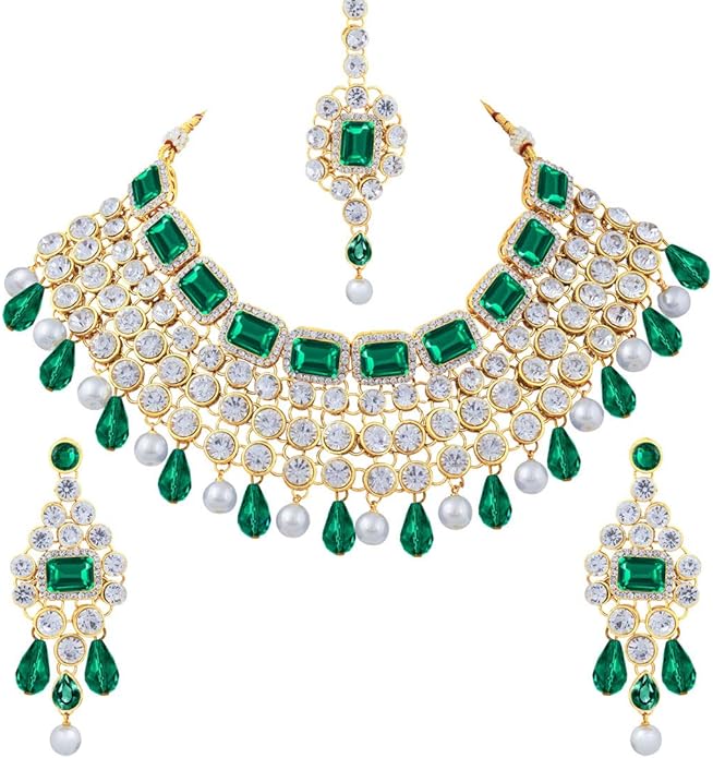 Aheli Kundan and Simulated Colored Stones Indian Ethnic Maang Tikka Necklace and Earrings Set Bollywood Festive Statement Jewelry Gift for Women