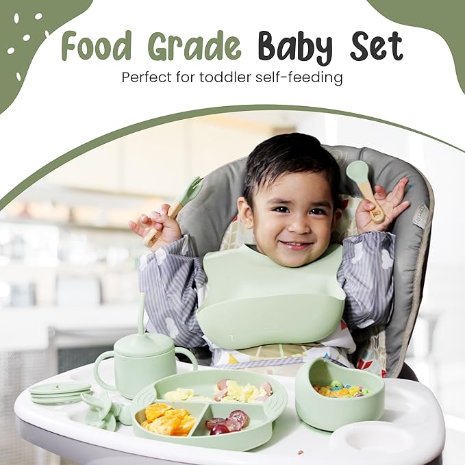 Silicone Baby Feeding Set, Eating Utensils with Suction Plate and Bowl, Baby Led Weaning Supplies, Toddler Self Feeding Dish Set, Waterproof Bib, Baby Feeding Essentials, Spoon 10pcs (Green)