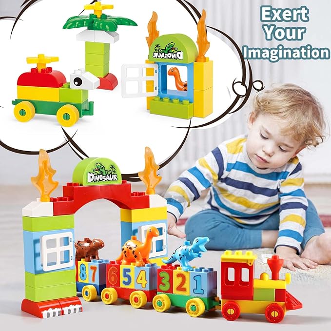 Dinosaur Building Blocks Toys,Jurassic Theme Building Blocks,With A Counting Train,A Big T-rex,and Three Dinosaurs,Compatible With All Major Brands, Gift For Kids Toddlers Boys Girls Age 3,4,5,6,7,8+