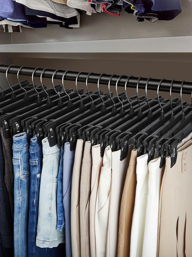 Smartor Space Saving Heavy Duty Hangers - 180 Pack, Slim Plastic Pants and Shorts Hangers, Ridged Non-Slip with Pinch Clips, 360-Rotating Chrome Swivel Hook, Black, 10 Inches