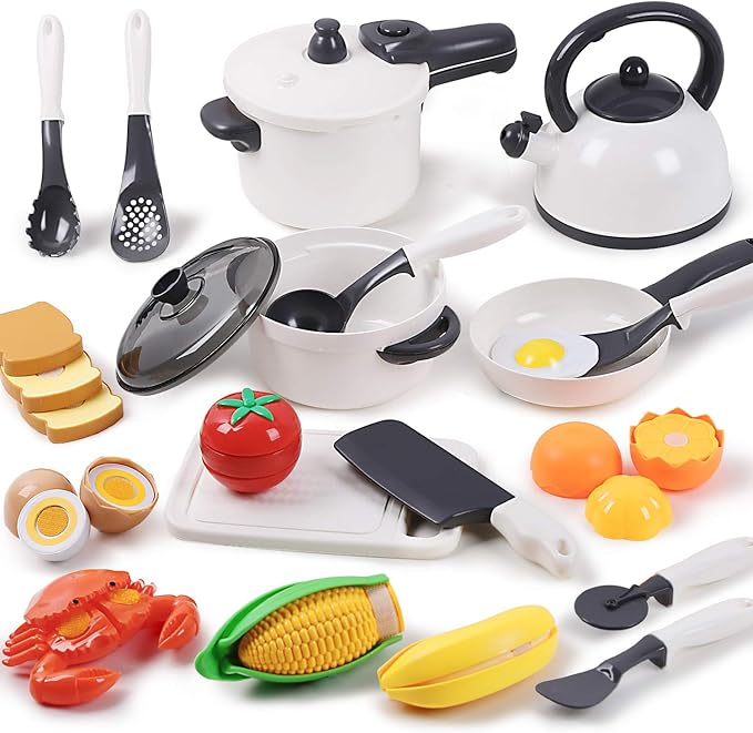 iPlay, iLearn Kids Kitchen Toy Accessories, Toddler Cooking Playset, Pretend Pots Pans Set, Girls Cookware Appliance, Child Cutting Food Utensils, Valentine's Easter Gift for 3 4 5 Years Old Boy-White
