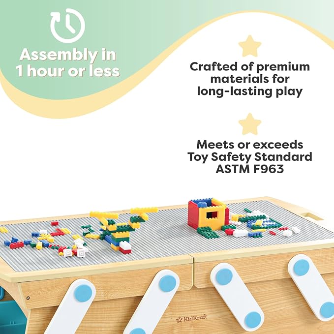 KidKraft Building Bricks Play N Store Wooden Table, Children's Toy Storage with Bins, 200+ Building Blocks Included, Natural, Gift for Ages 3+