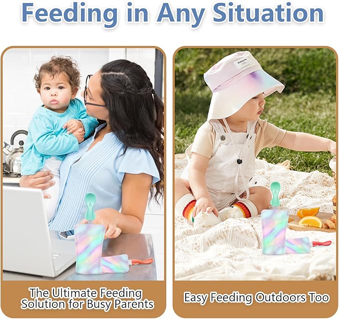 Silicone Spoon Attachment for Baby Food Pouch with On-the-Go Cases - Includes 2 Squeeze Pouch Topper Attachments (White-green)