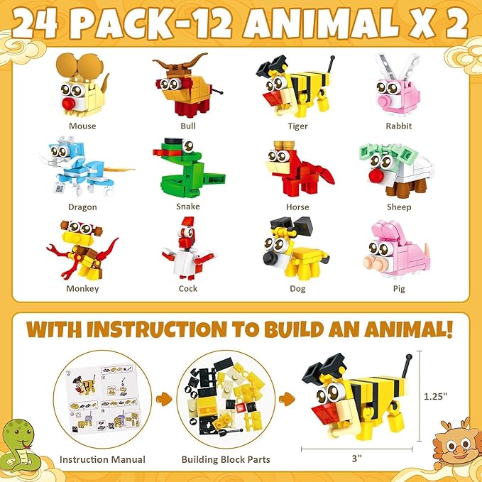 Valentines Day Gifts for Kids - 24 Pack Animal Building Block Set with Valentines Day Cards for Kids Classroom School, Kid Party Favors Goodie Bags Bulk Classmate Exchange Gift Classroom Prize