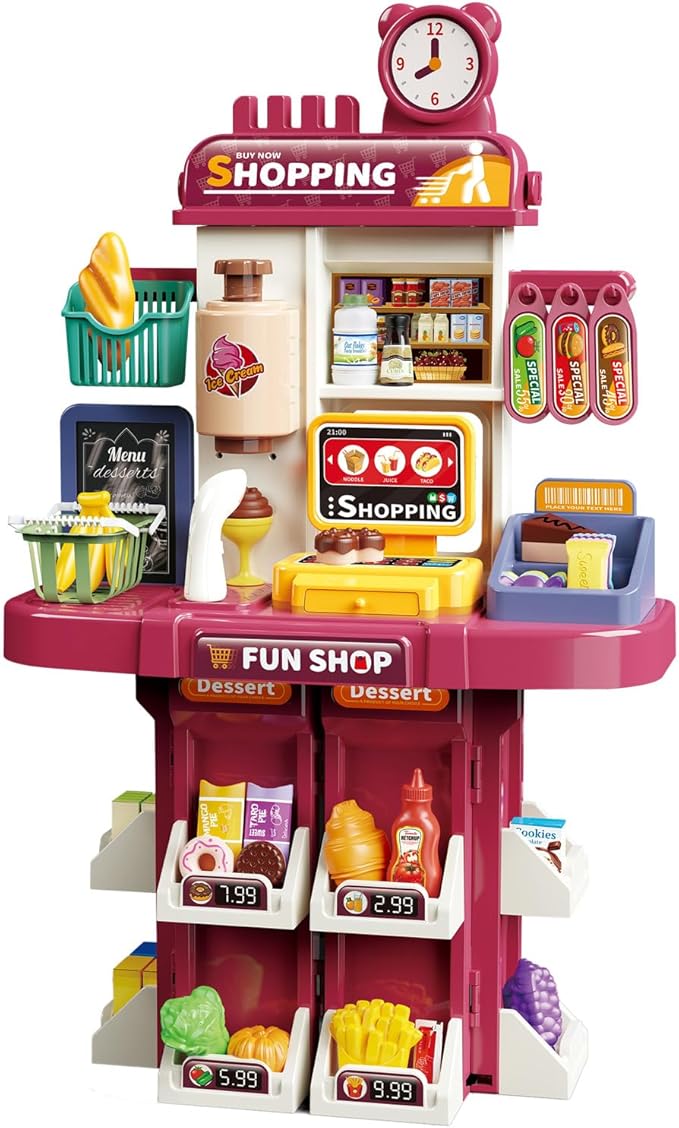 Shopping Supermarket Playset - Kids Grocery Store Pretend Play Toy for Ages 3-8 Girls Boys Unisex Children, Toy Cash Register with Scanner - Role-Playing Toys Fun (Shopping Pink)