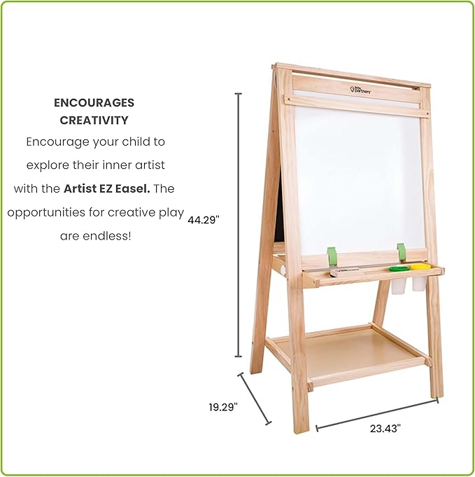 Little Partners Folding EZ Painting Easel for Kids, Dual-Sided Art Easel for Kids Art Station, Folds Flat with Chalkboard, Dry Erase Whiteboard, Paper, Eraser, Paint Cups, Shelf (Natural)