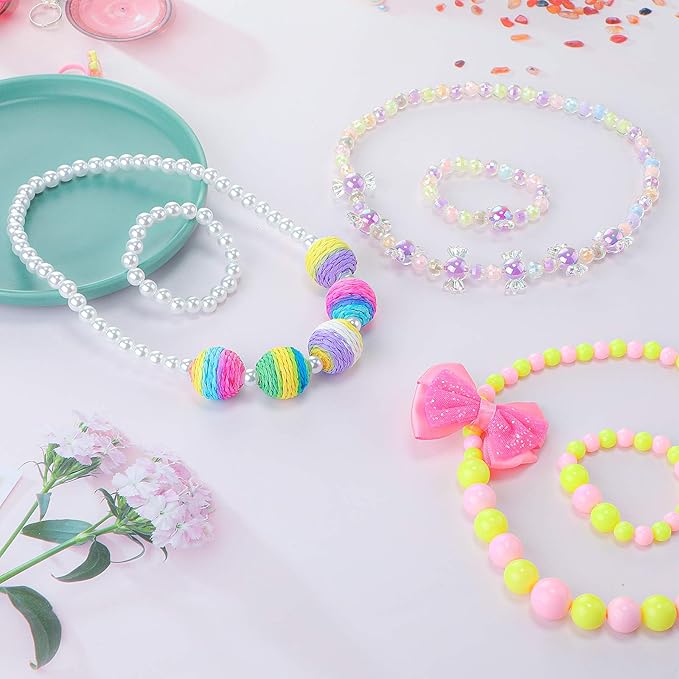 Sumind 6 Sets Play Jewelry for Little Girls Princess Necklace Bracelet Set Includes Kid Beaded Necklace Bracelet for Toddler Christmas Birthday Party Favors Cosplay(Colored Ball, Bowknot Style)