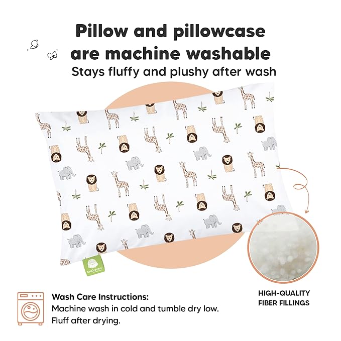 Toddler Pillow with Pillowcase - 13x18 My Little Dreamy Pillow, Organic Cotton Toddler Pillows for Sleeping, Kids Pillow, Travel Pillows, Mini Pillow, Nursery Pillow, Toddler Bed Pillow (The Wild)