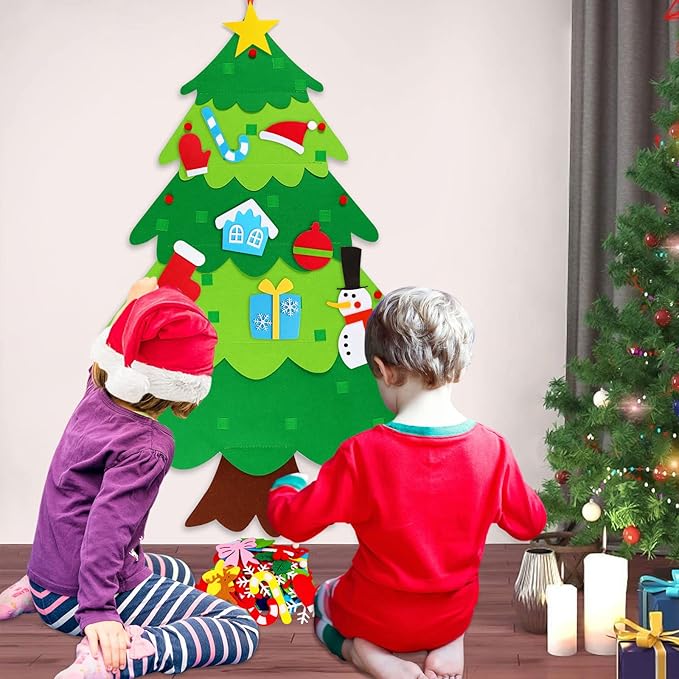HFATMOS Felt Christmas Tree DIY Wall Hanging Xmas Tree with LED String Lights and 32 Pcs Detachable Ornaments for New Year Party Supplies Home Decor