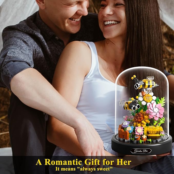 Flower Bouquet Building Set for Adult,Mini Plant Bonsai Tree Friend Set,Botanical Collection Gift for Kids,Office Home Decor Building Block, New Year Birthday Gift for Women Boys Girls(Bee)