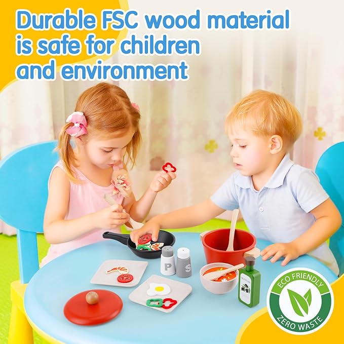 deli Wooden Play Food Set, 25Pcs Kids Play Kitchen Toys Set, Pretend Cooking Playset Acccessories for Kids Ages 3+