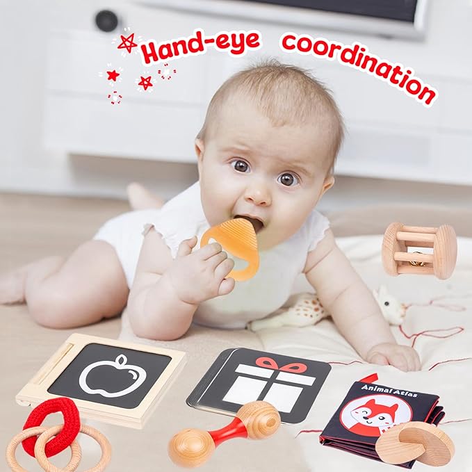 Adena Montessori Play Kit for 3-4 Months Baby,8 in 1 Wooden Learning Educational Toys for Toddler,Include Framed Mirror Book,High-Contrast Cards and More,Christmas Birthday Gift for Boys Girls