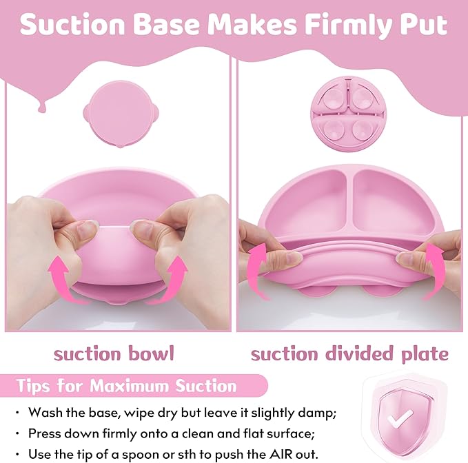 Silicone Baby Feeding Set, Baby Led Weaning Supplies, Eating Essentials Utensils with Suction Plate and Bowl, Pocket Bib, Sippy Cup with Lid, Forks Spoons Snack Container, for 6+ Months, Pink
