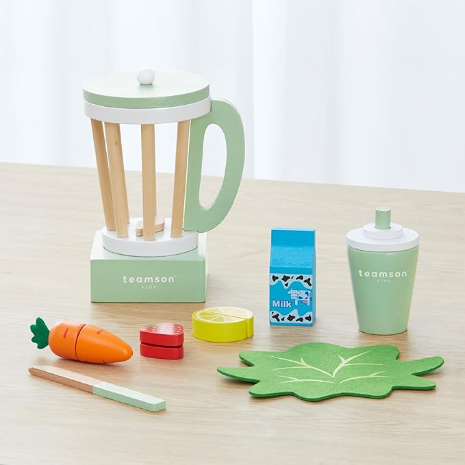 Teamson Kids Play Kitchen Accessories Little Chef 13 Piece Wooden Smoothie Blender Set with Cutting Fruit, Ingredients and to-Go Cup with Straw